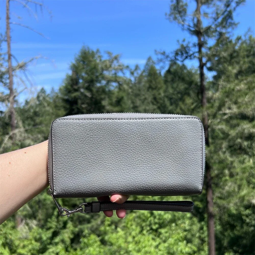COACH Long Zip-Around Pebble Leather Wallet with Gray Blue with Silver Hardware